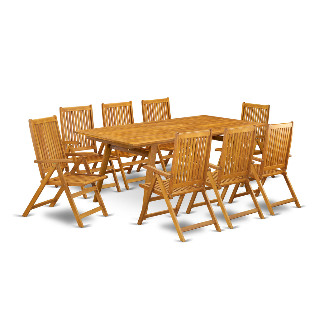 East West Furniture DECN9C5NA 9 Piece Outdoor Patio Dining Sets Includes a Rectangle Acacia Wood Table and 8 Folding Adjustable Arm Chairs, 40x72 Inch, Natural Oil