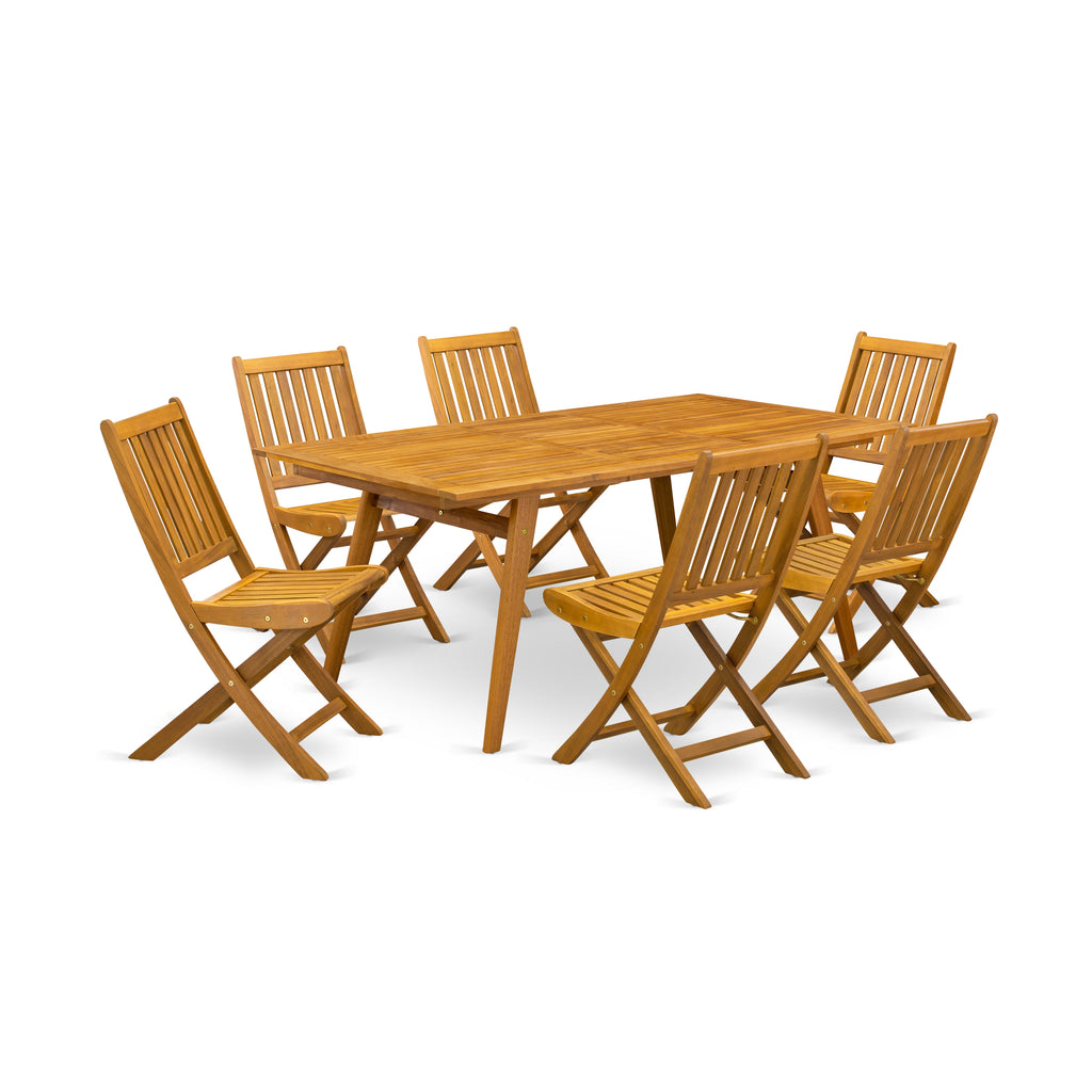 East West Furniture DEDK7CWNA 7 Piece Outdoor Patio Dining Sets Consist of a Rectangle Acacia Wood Table and 6 Folding Side Chairs, 40x72 Inch, Natural Oil