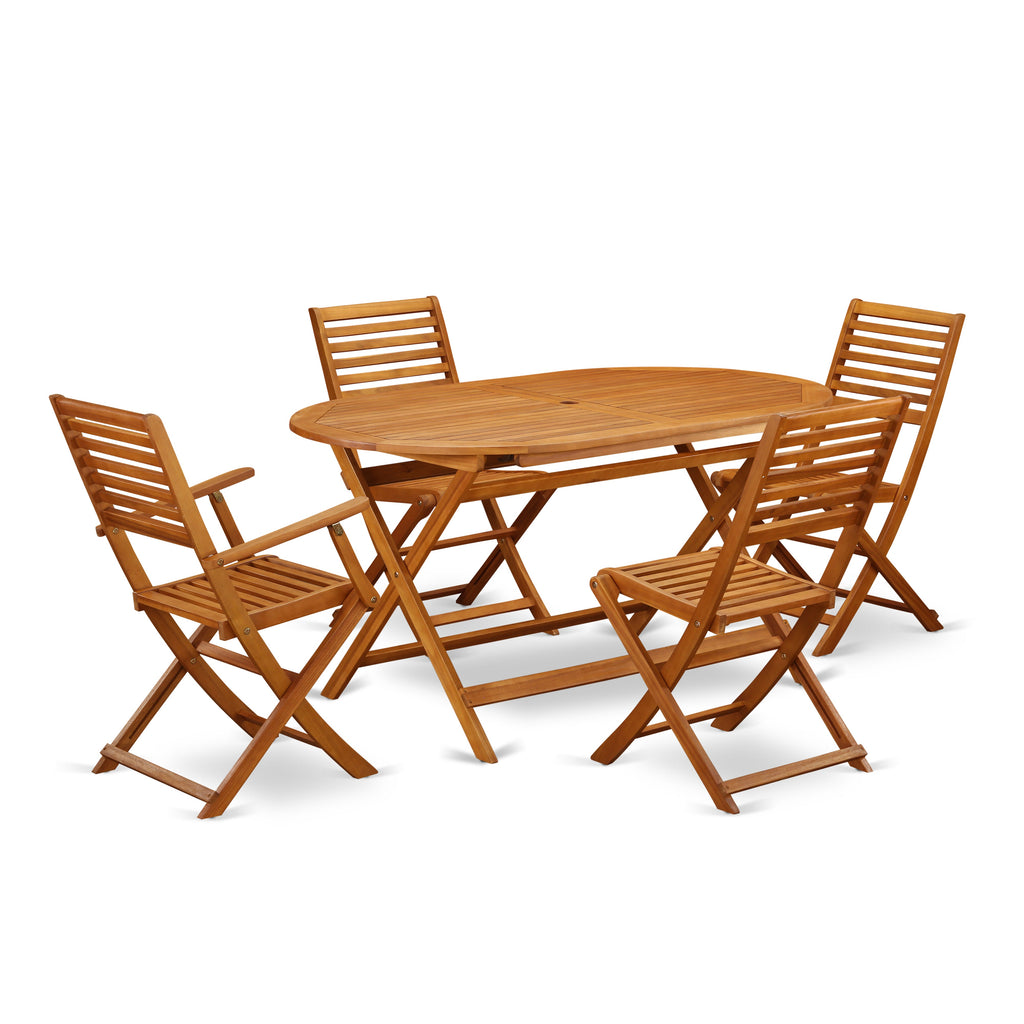 East West Furniture DIBS52CANA 5 Piece Patio Bistro Dining Set Includes an Oval Outdoor Acacia Wood Table and 2 Folding Arm Chairs with 2 Side Chairs, 36x60 Inch, Natural Oil