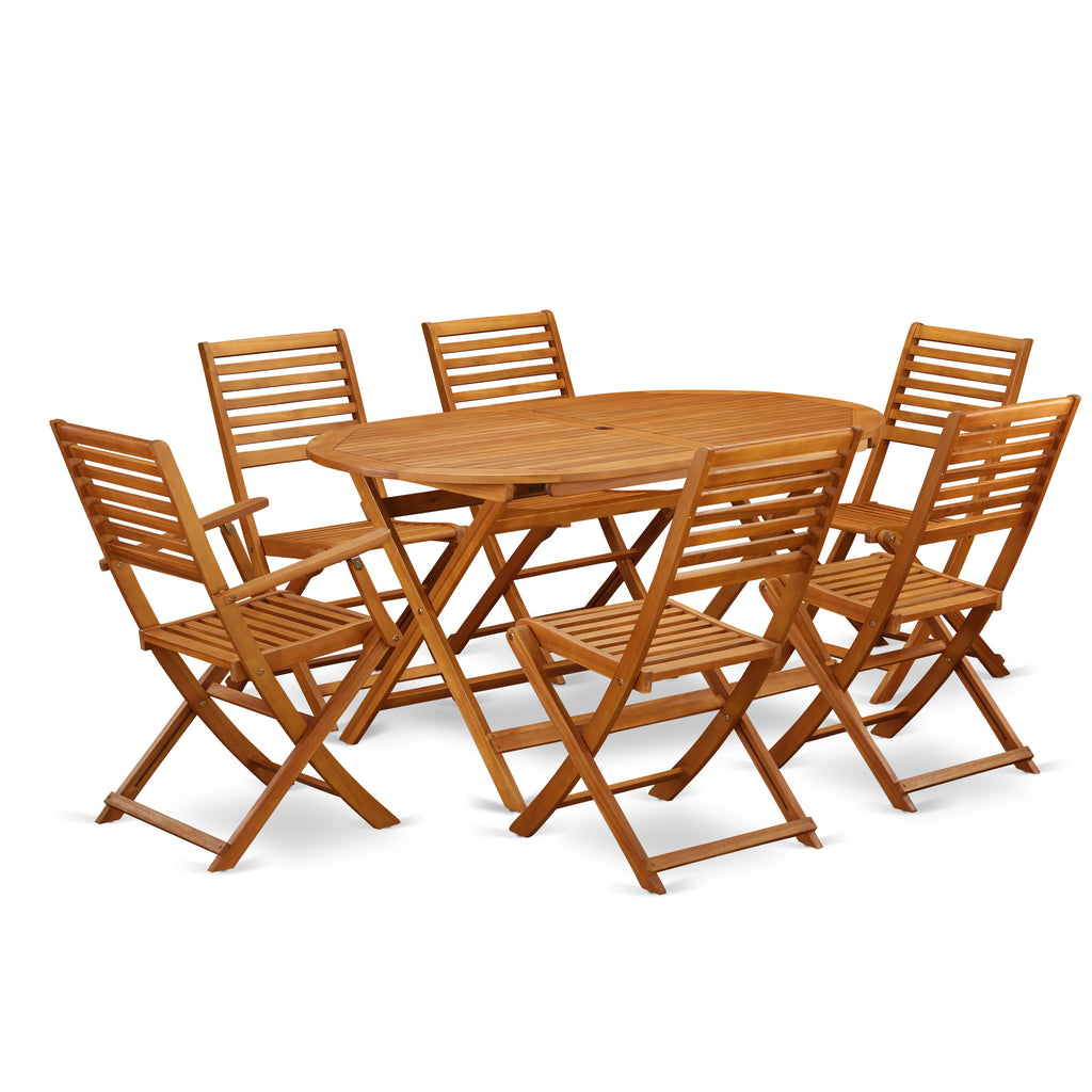 East West Furniture DIBS72CANA 7 Piece Patio Dining Set Consist of an Oval Outdoor Acacia Wood Table and 2 Folding Arm Chairs with 4 Side Chairs, 36x60 Inch, Natural Oil