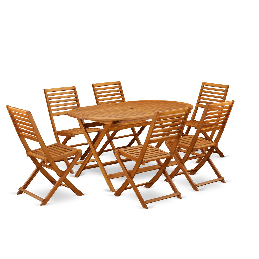 East West Furniture DIBS7CWNA 7 Piece Outdoor Patio Dining Sets Consist of an Oval Acacia Wood Table and 6 Folding Side Chairs, 36x60 Inch, Natural Oil