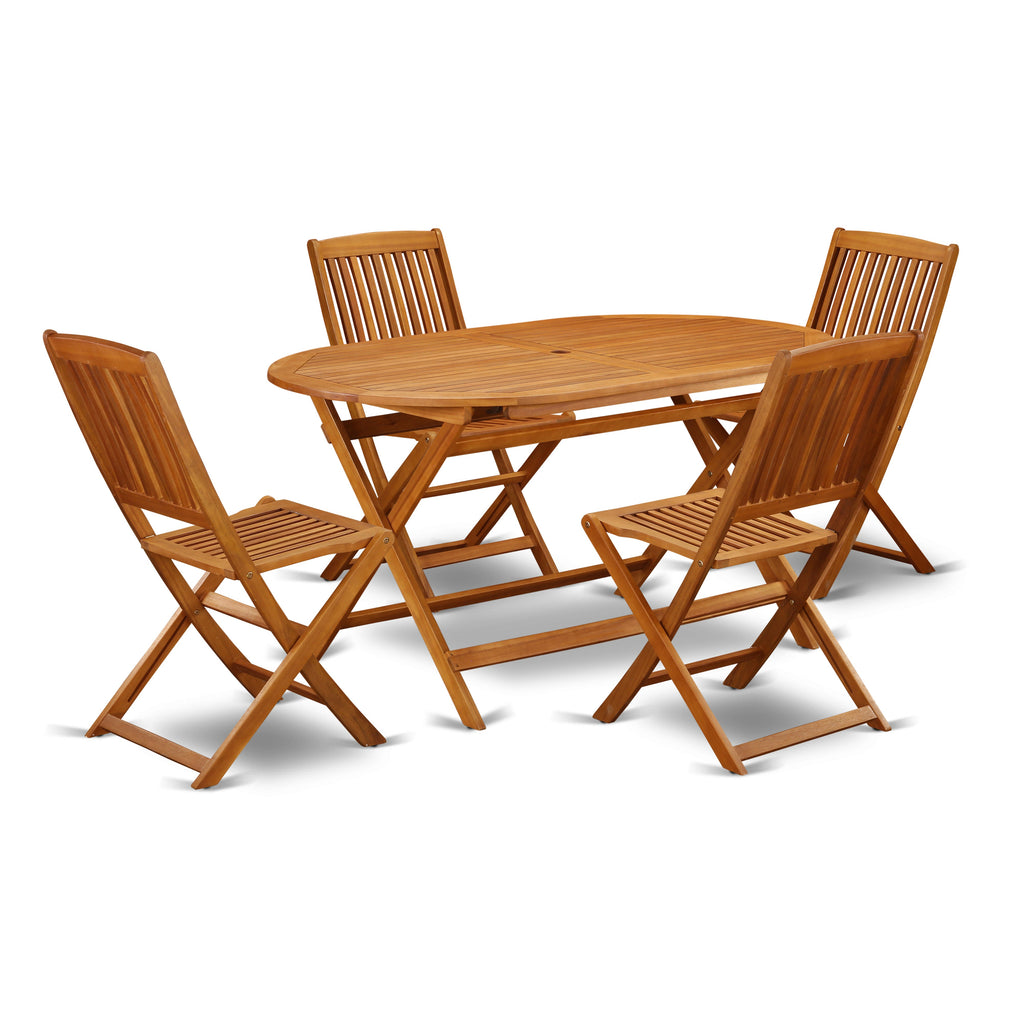 East West Furniture DICM5CWNA 5 Piece Patio Bistro Dining Furniture Set Includes an Oval Outdoor Acacia Wood Table and 4 Folding Side Chairs, 36x60 Inch, Natural Oil