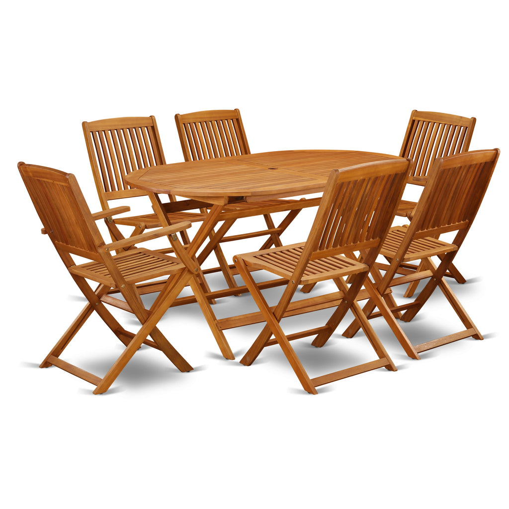 East West Furniture DICM72CANA 7 Piece Patio Garden Table Set Consist of an Oval Outdoor Acacia Wood Dining Table and 2 Folding Arm Chairs with 4 Side Chairs, 36x60 Inch, Natural Oil