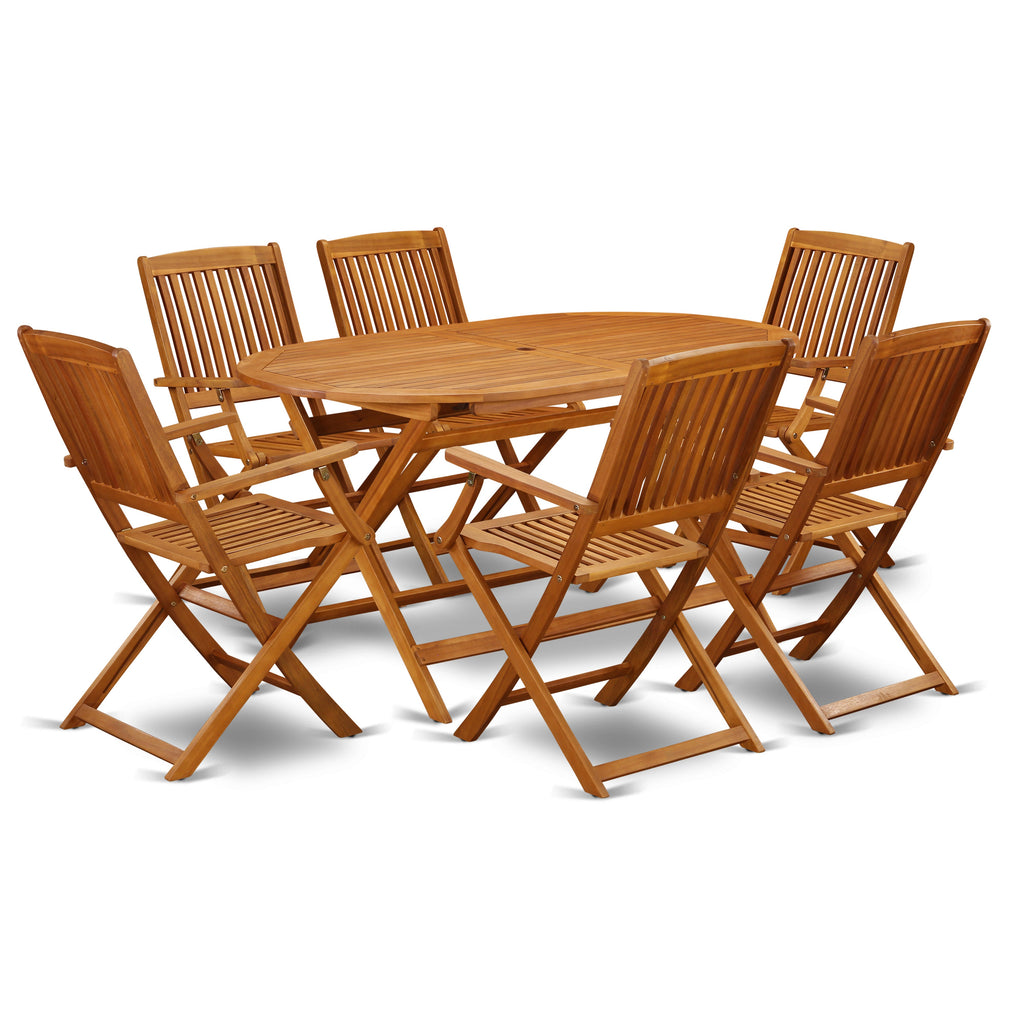 East West Furniture DICM7CANA 7 Piece Patio Garden Table Set Consist of an Oval Outdoor Acacia Wood Dining Table and 6 Folding Arm Chairs, 36x60 Inch, Natural Oil