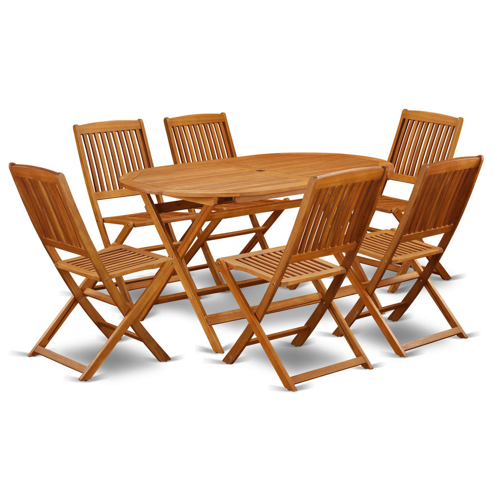 East West Furniture DICM7CWNA 7 Piece Patio Dining Set Consist of an Oval Outdoor Acacia Wood Table and 6 Folding Side Chairs, 36x60 Inch, Natural Oil