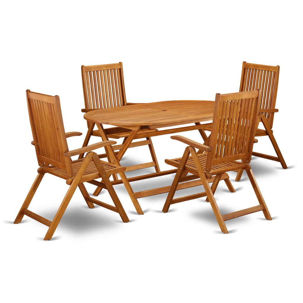 East West Furniture DICN5NC5N 5 Piece Patio Bistro Dining Furniture Set Includes an Oval Outdoor Acacia Wood Table and 4 Folding Adjustable Arm Chairs, 36x60 Inch, Natural Oil