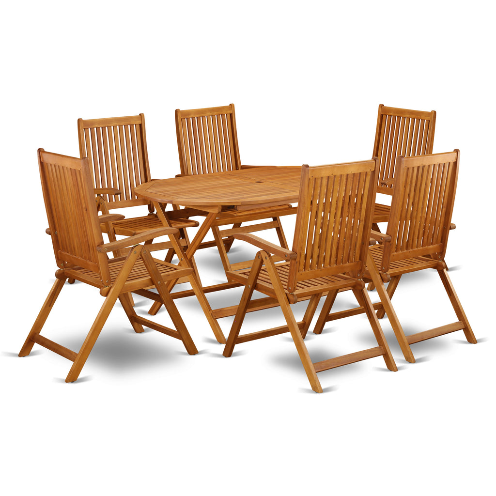 East West Furniture DICN7NC5N 7 Piece Patio Bistro Dining Furniture Set Consist of an Oval Outdoor Acacia Wood Table and 6 Folding Adjustable Arm Chairs, 36x60 Inch, Natural Oil