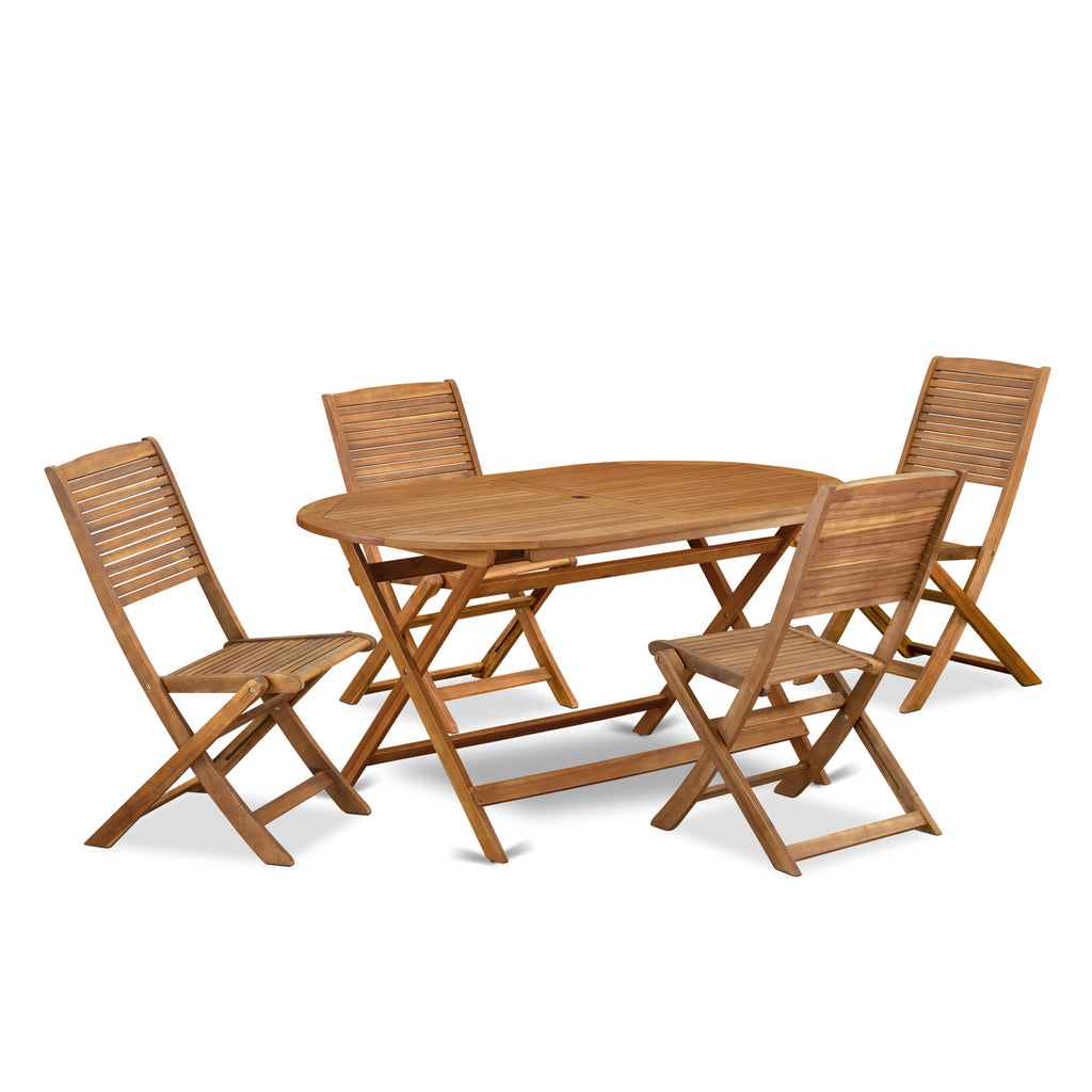 East West Furniture DIFM5CWNA 5 Piece Patio Garden Table Set Includes an Oval Outdoor Acacia Wood Dining Table and 4 Folding Side Chairs, 36x60 Inch, Natural Oil