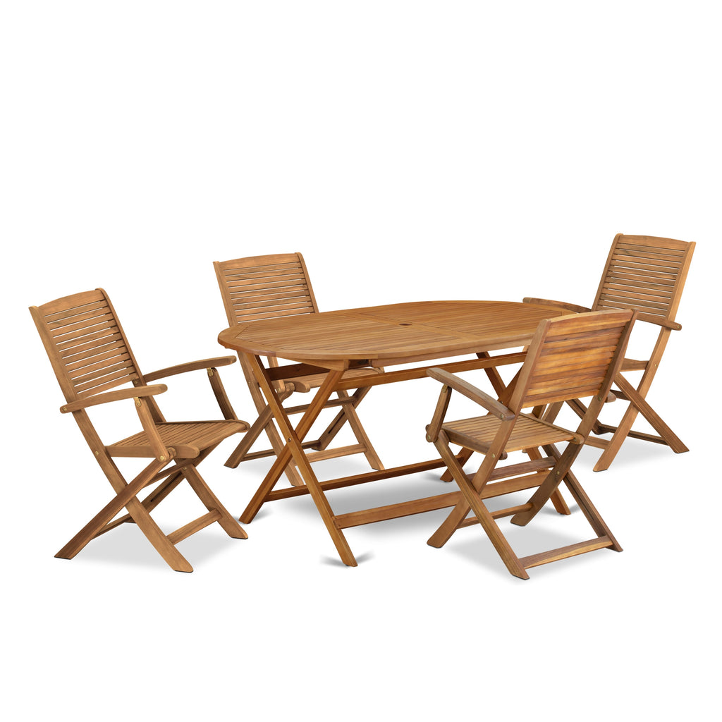 East West Furniture DIHD5CANA 5 Piece Outdoor Patio Dining Sets Consist of an Oval Acacia Wood Table and 4 Folding Arm Chairs, 36x60 Inch, Natural Oil