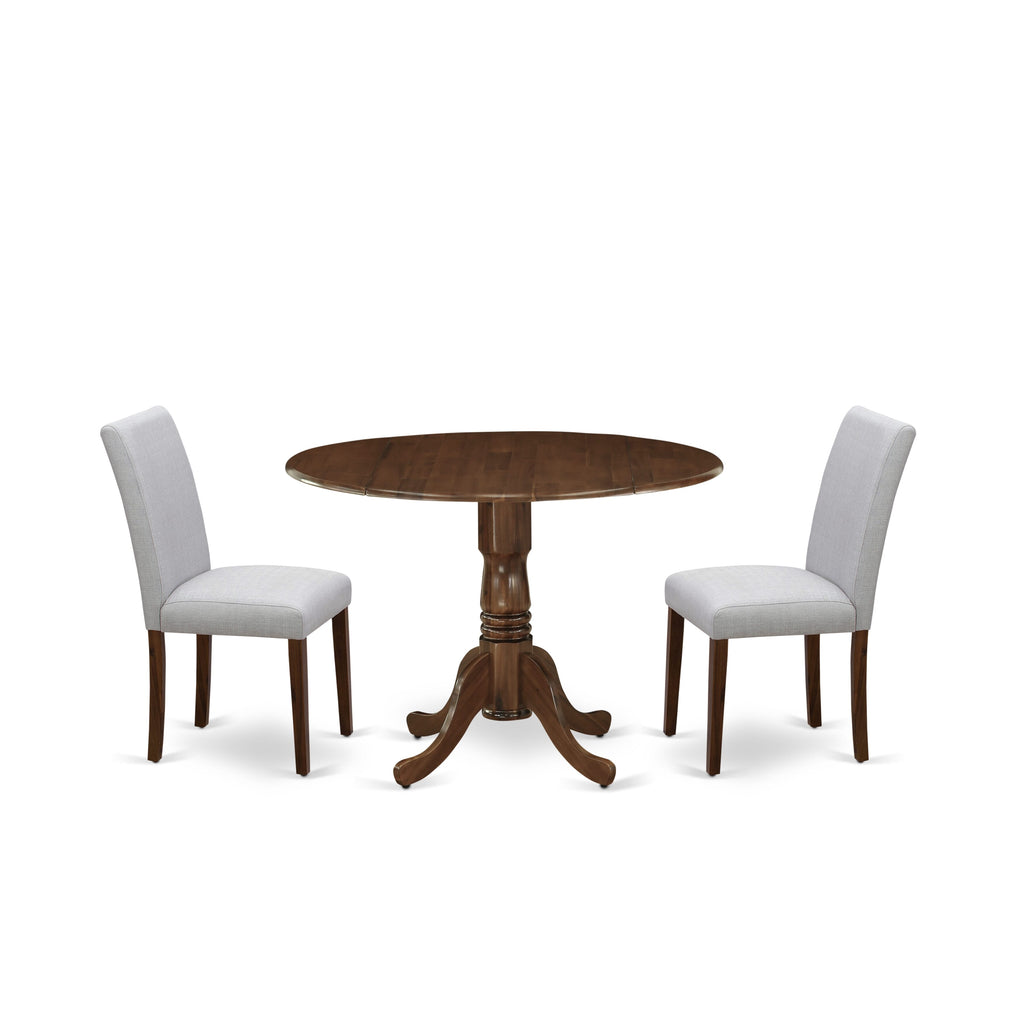 East West Furniture DLAB3-AWA-05 3 Piece Dining Table Set for Small Spaces Includes a Round Dining Room Table with Dropleaf and 2 Upholstered Chairs, 42x42 Inch, Antique Walnut