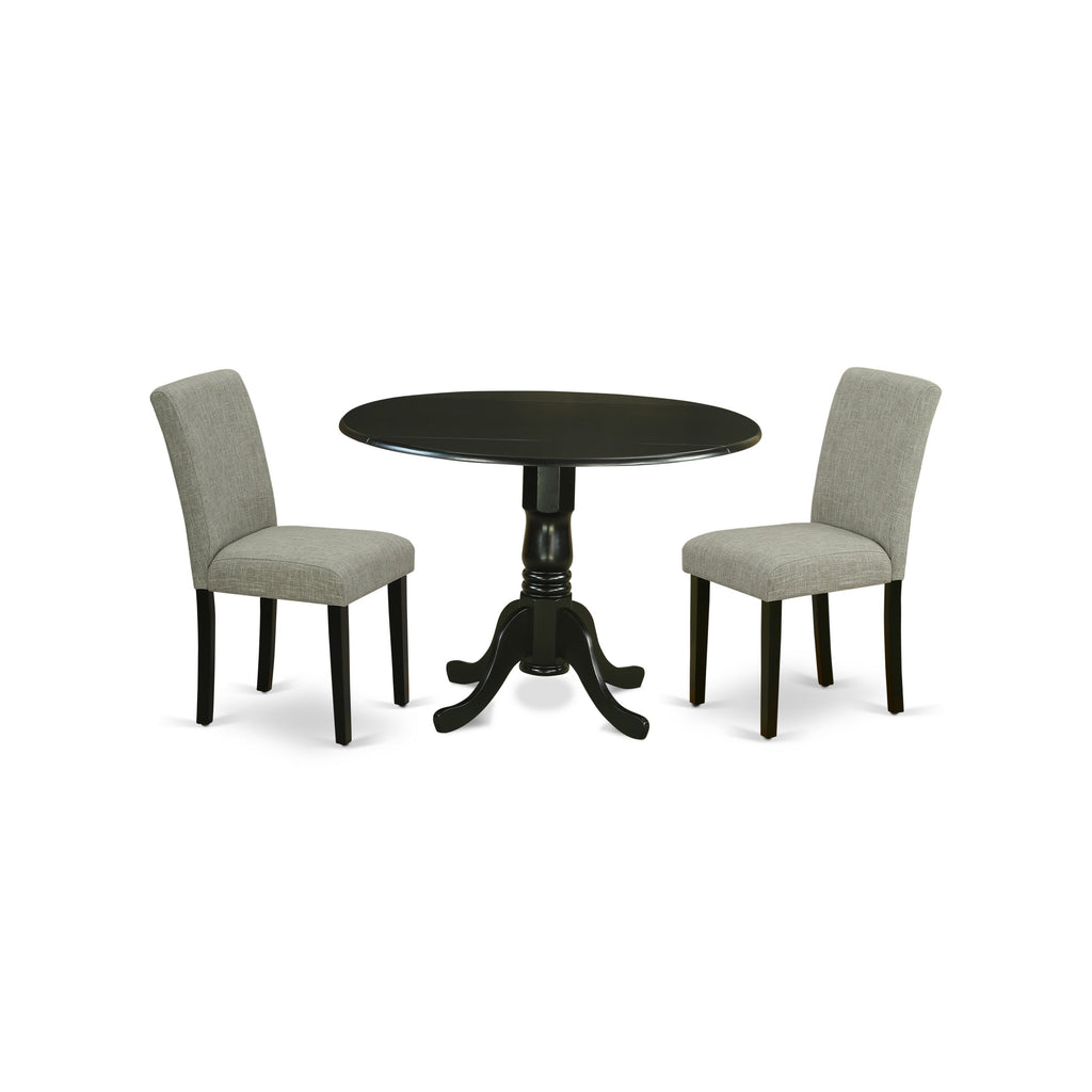 East West Furniture DLAB3-BLK-06 3 Piece Dinette Set for Small Spaces Contains a Round Dining Table with Dropleaf and 2 Shitake Linen Fabric Upholstered Chairs, 42x42 Inch, Black