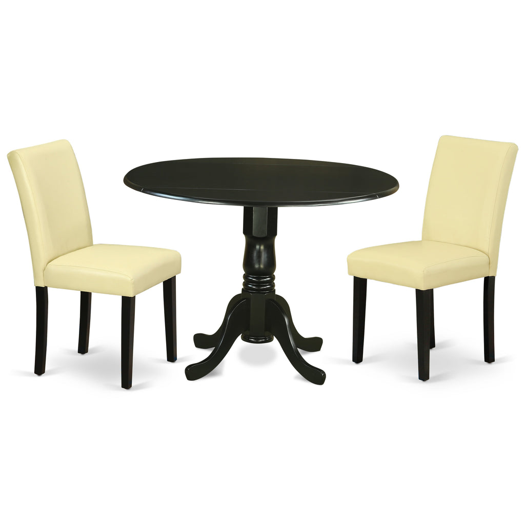 East West Furniture DLAB3-BLK-73 3 Piece Kitchen Table Set Contains a Round Dining Table with Dropleaf and 2 Eggnog Faux Leather Parson Dining Room Chairs, 42x42 Inch, Black