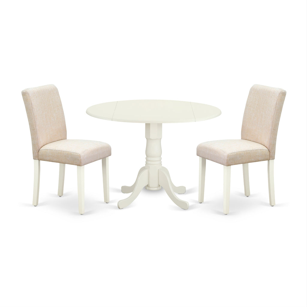 East West Furniture DLAB3-LWH-02 3 Piece Modern Dining Table Set Contains a Round Wooden Table with Dropleaf and 2 Light Beige Linen Fabric Upholstered Chairs, 42x42 Inch, Linen White