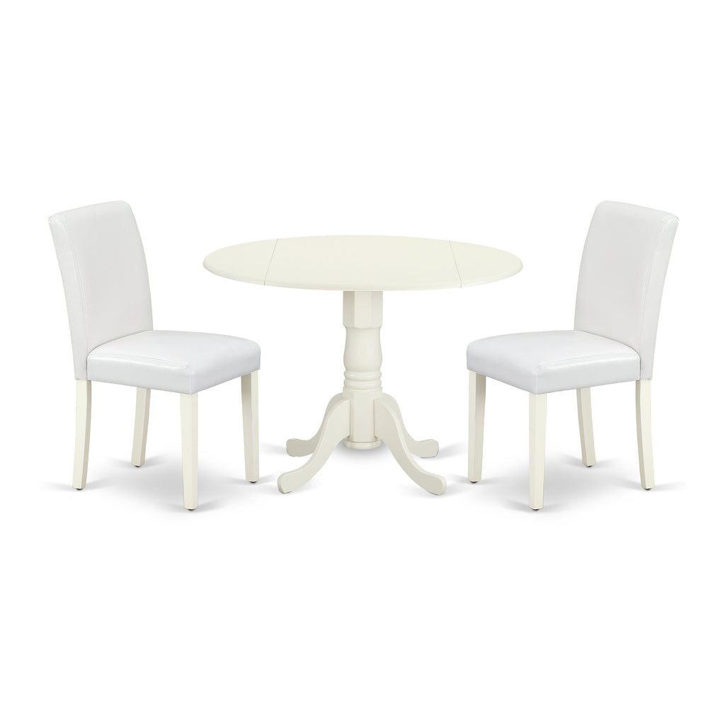 East West Furniture DLAB3-LWH-64 3 Piece Dinette Set for Small Spaces Contains a Round Dining Table with Dropleaf and 2 White Faux Leather Parson Dining Chairs, 42x42 Inch, Linen White
