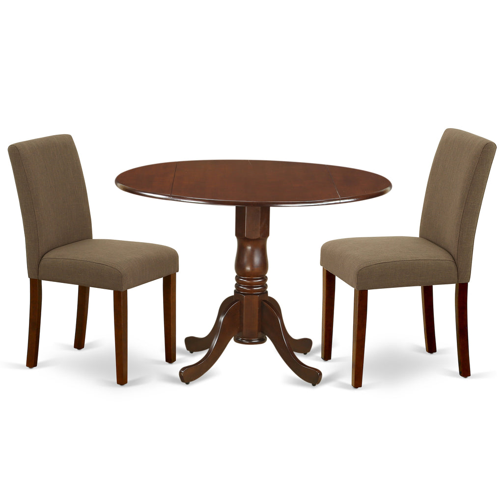 East West Furniture DLAB3-MAH-18 3 Piece Dining Set Contains a Round Dining Room Table with Dropleaf and 2 Coffee Linen Fabric Upholstered Parson Chairs, 42x42 Inch, Mahogany