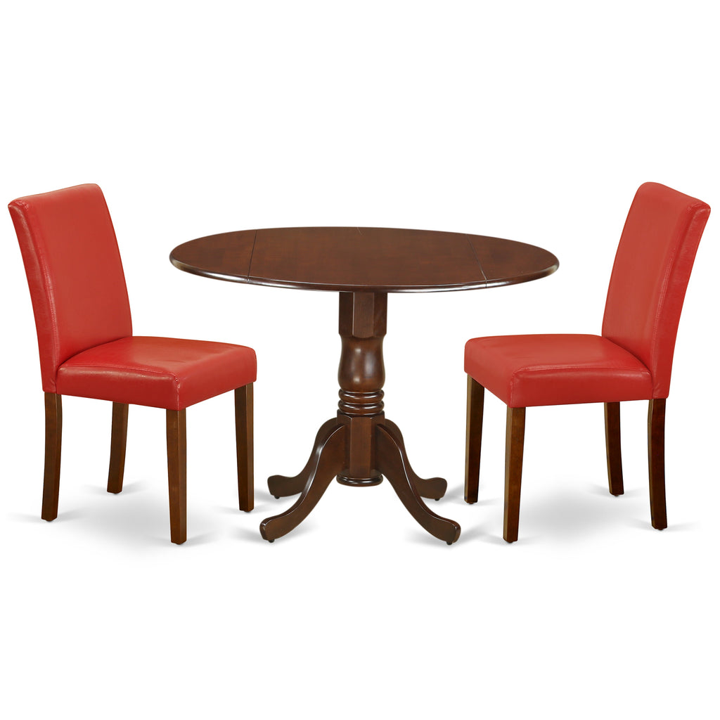 East West Furniture DLAB3-MAH-72 3 Piece Kitchen Table Set Contains a Round Dining Table with Dropleaf and 2 Firebrick Red Faux Leather Upholstered Chairs, 42x42 Inch, Mahogany
