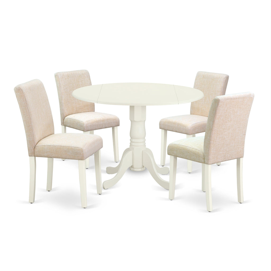 East West Furniture DLAB5-LWH-02 5 Piece Dining Room Table Set Includes a Round Kitchen Table with Dropleaf and 4 Light Beige Linen Fabric Parson Dining Chairs, 42x42 Inch, Linen White