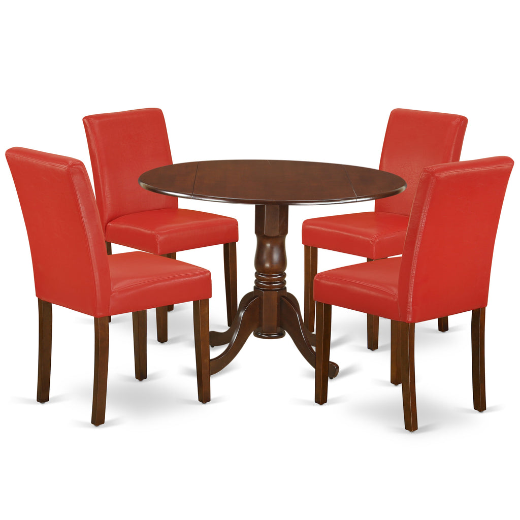 East West Furniture DLAB5-MAH-72 5 Piece Dinette Set for 4 Includes a Round Dining Table with Dropleaf and 4 Firebrick Red Faux Leather Parson Dining Room Chairs, 42x42 Inch, Mahogany
