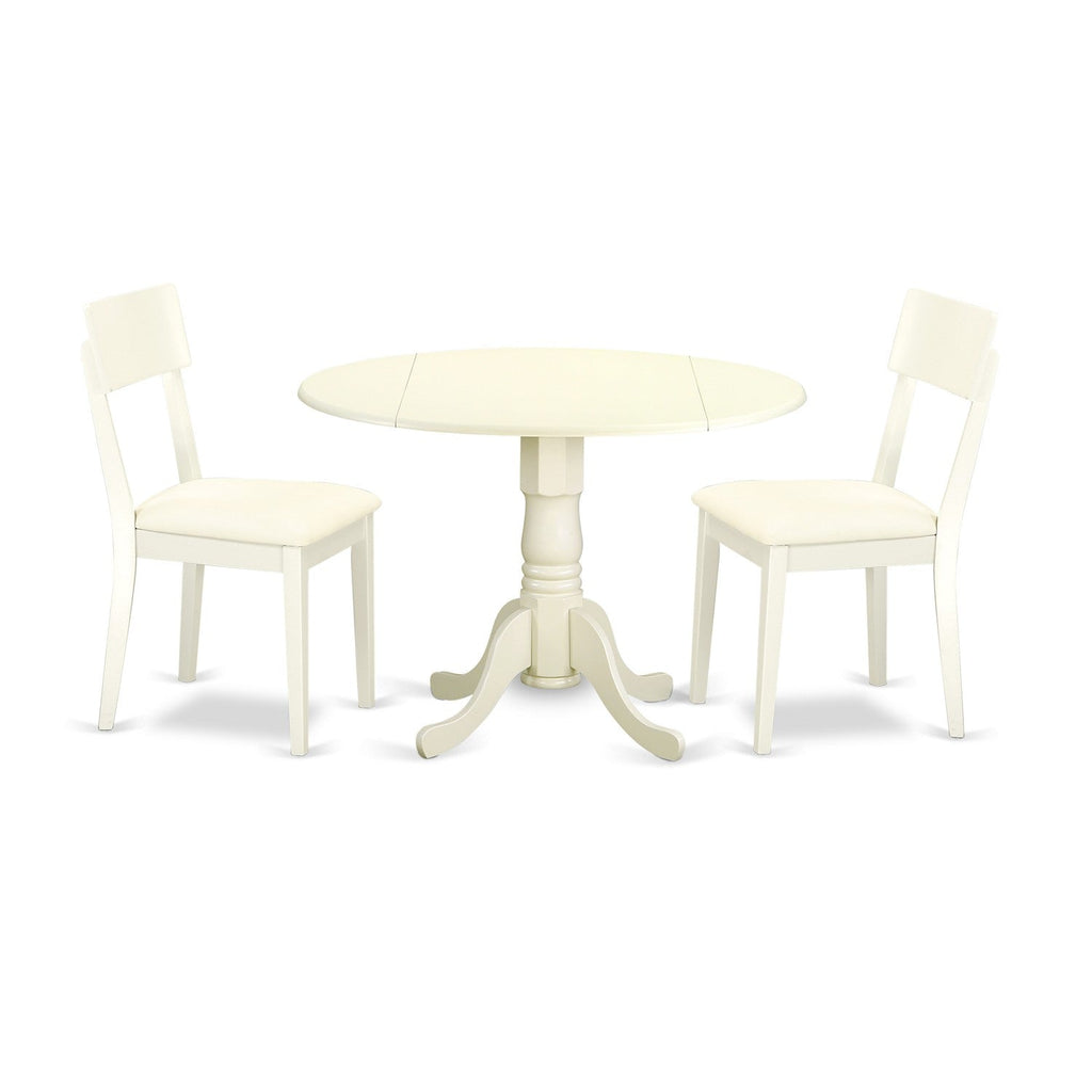 East West Furniture DLAD3-LWH-LC 3 Piece Dining Room Furniture Set Contains a Round Dining Table with Dropleaf and 2 Faux Leather Upholstered Chairs, 42x42 Inch, Linen White