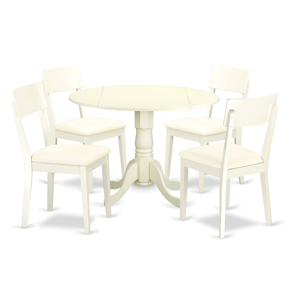 East West Furniture DLAD5-LWH-LC 5 Piece Modern Dining Table Set Includes a Round Wooden Table with Dropleaf and 4 Faux Leather Dining Room Chairs, 42x42 Inch, Linen White