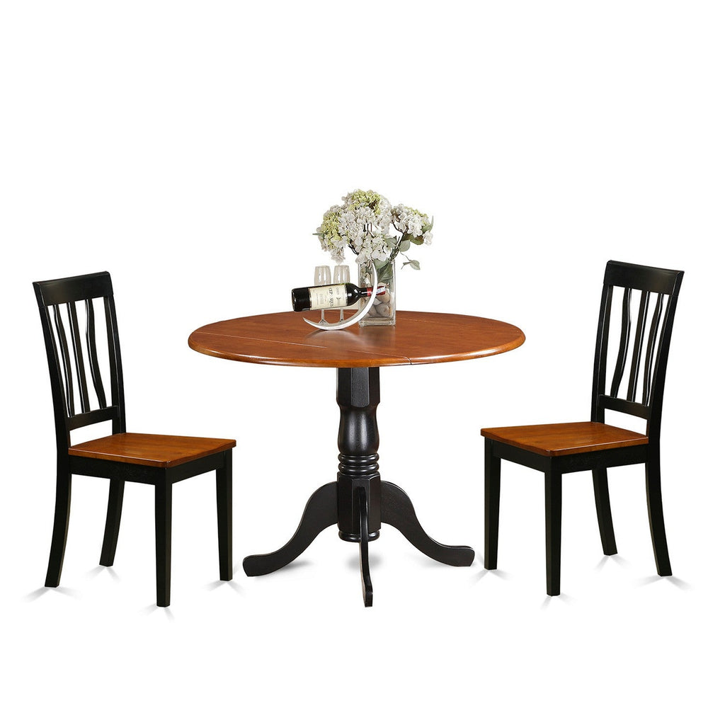 East West Furniture DLAN3-BCH-W 3 Piece Dinette Set for Small Spaces Contains a Round Dining Table with Dropleaf and 2 Dining Chairs, 42x42 Inch, Black & Cherry