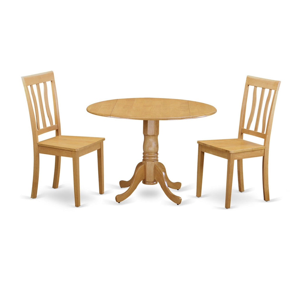 East West Furniture DLAN3-OAK-W 3 Piece Dinette Set for Small Spaces Contains a Round Dining Table with Dropleaf and 2 Dining Room Chairs, 42x42 Inch, Oak