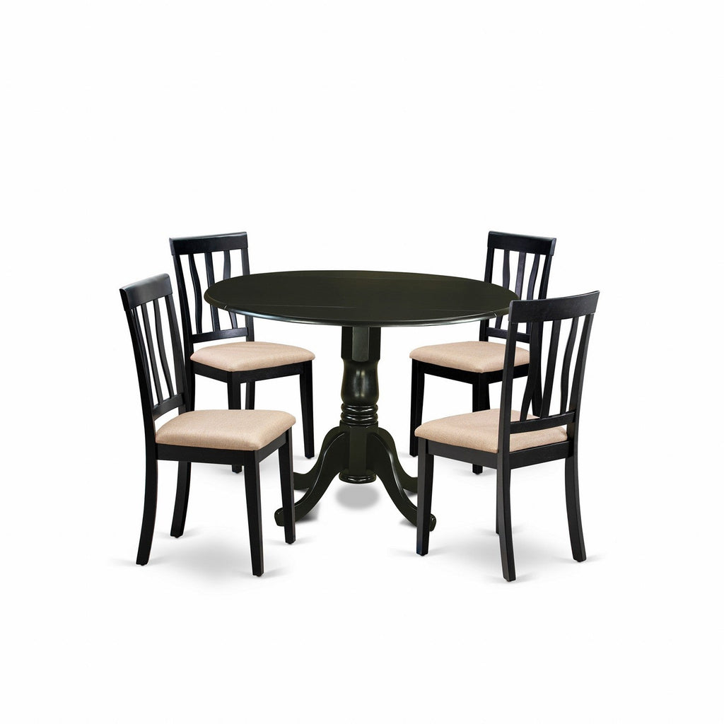 East West Furniture DLAN5-BLK-C 5 Piece Dining Room Table Set Includes a Round Kitchen Table with Dropleaf and 4 Linen Fabric Upholstered Dining Chairs, 42x42 Inch, Black