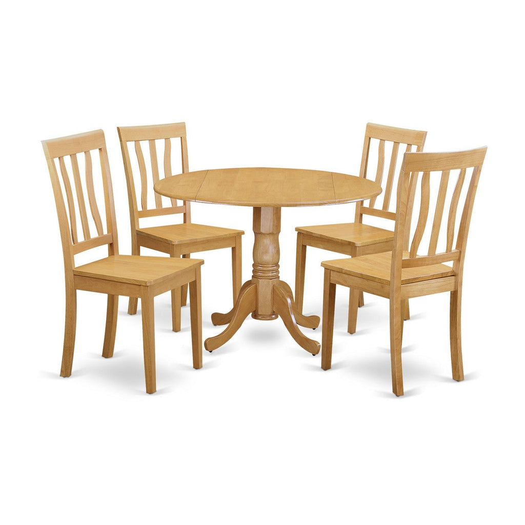East West Furniture DLAN5-OAK-W 5 Piece Kitchen Table Set for 4 Includes a Round Dining Room Table with Dropleaf and 4 Solid Wood Seat Chairs, 42x42 Inch, Oak