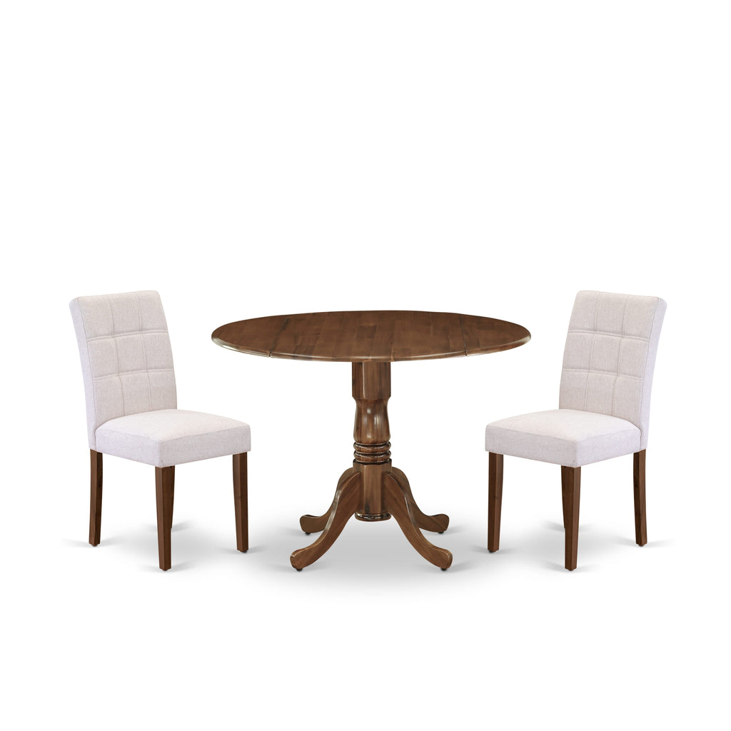 East West Furniture DLAS3-AWA-08 3 Piece Dinner Table Set Includes A Mid Century Modern Table and 2 Mist Beige Linen Fabric Dinning Chairs, Antique Walnut