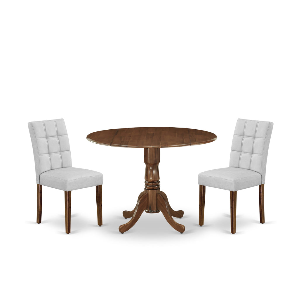 East West Furniture DLAS3-AWA-27 3 Piece Mid Century Modern Dining Set contain A Wood Table and 2 Light Gray Faux Leather Mid Century Modern Dining Chairs, Antique Walnut