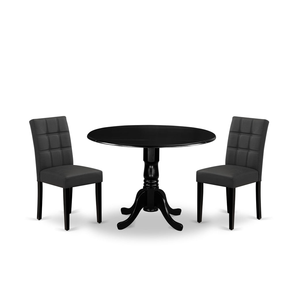 East West Furniture DLAS3-BLK-12 3 Piece Dining Table Set contain A Wood Table and 2 Dark Gray Faux Leather Dinner Chairs with Stylish Back- Black Finish