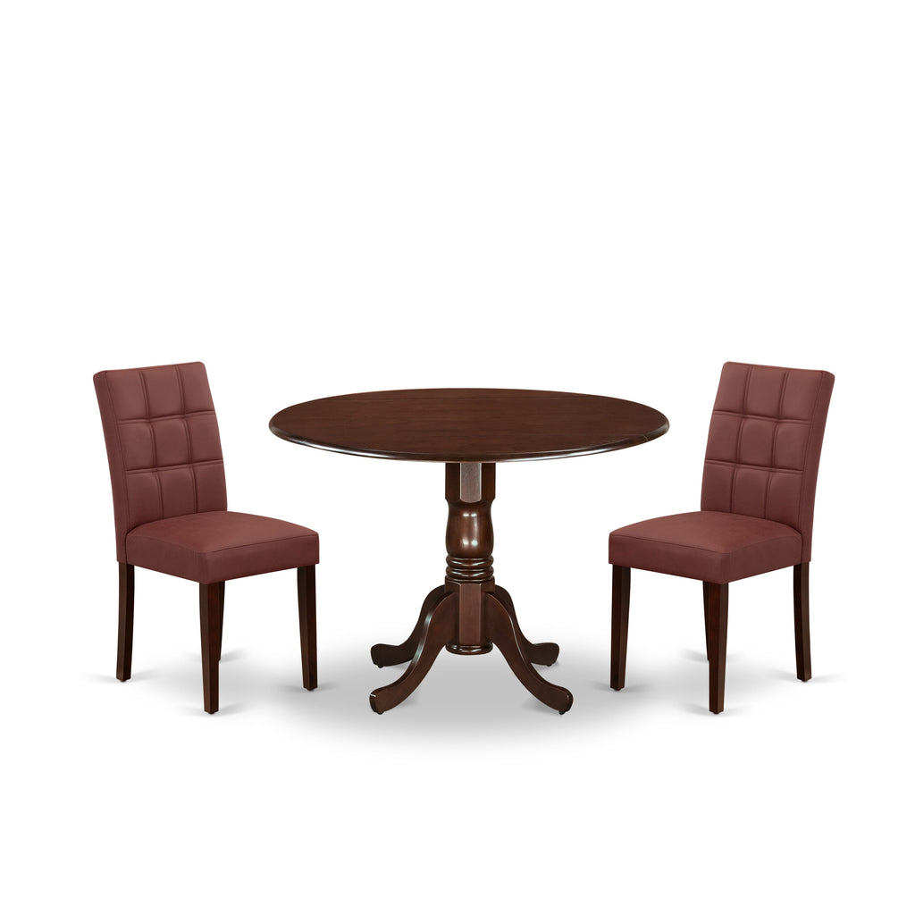 East West Furniture DLAS3-MAH-26 3 Piece Mid Century Modern Dining Table Set contain A Wooden Kitchen Table and 2 Burgundy Faux Leather Mid Century Modern Dining Chairs, Mahogany