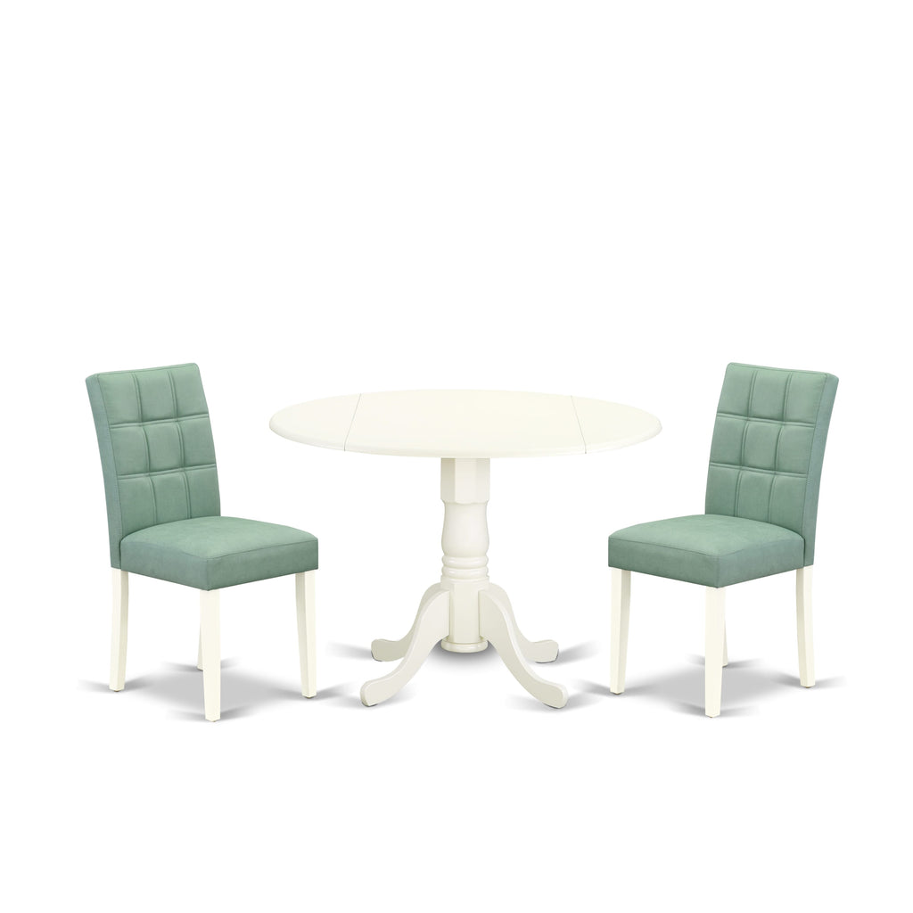 East West Furniture DLAS3-WHI-43 3 Piece Modern Dining Set contain A Wood Dining Table and 2 Willow Green Faux Leather Mid Century Chairs, Linen White