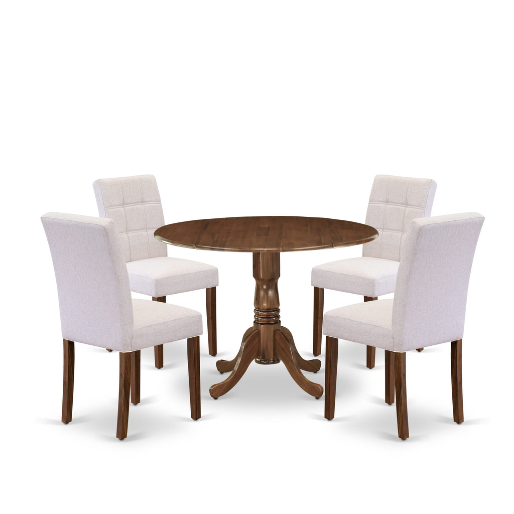 East West Furniture DLAS5-AWA-08 5 Piece Dining Room Table Set contain A Dining Table and 4 Mist Beige Linen Fabric Mid Century Chairs, Antique Walnut