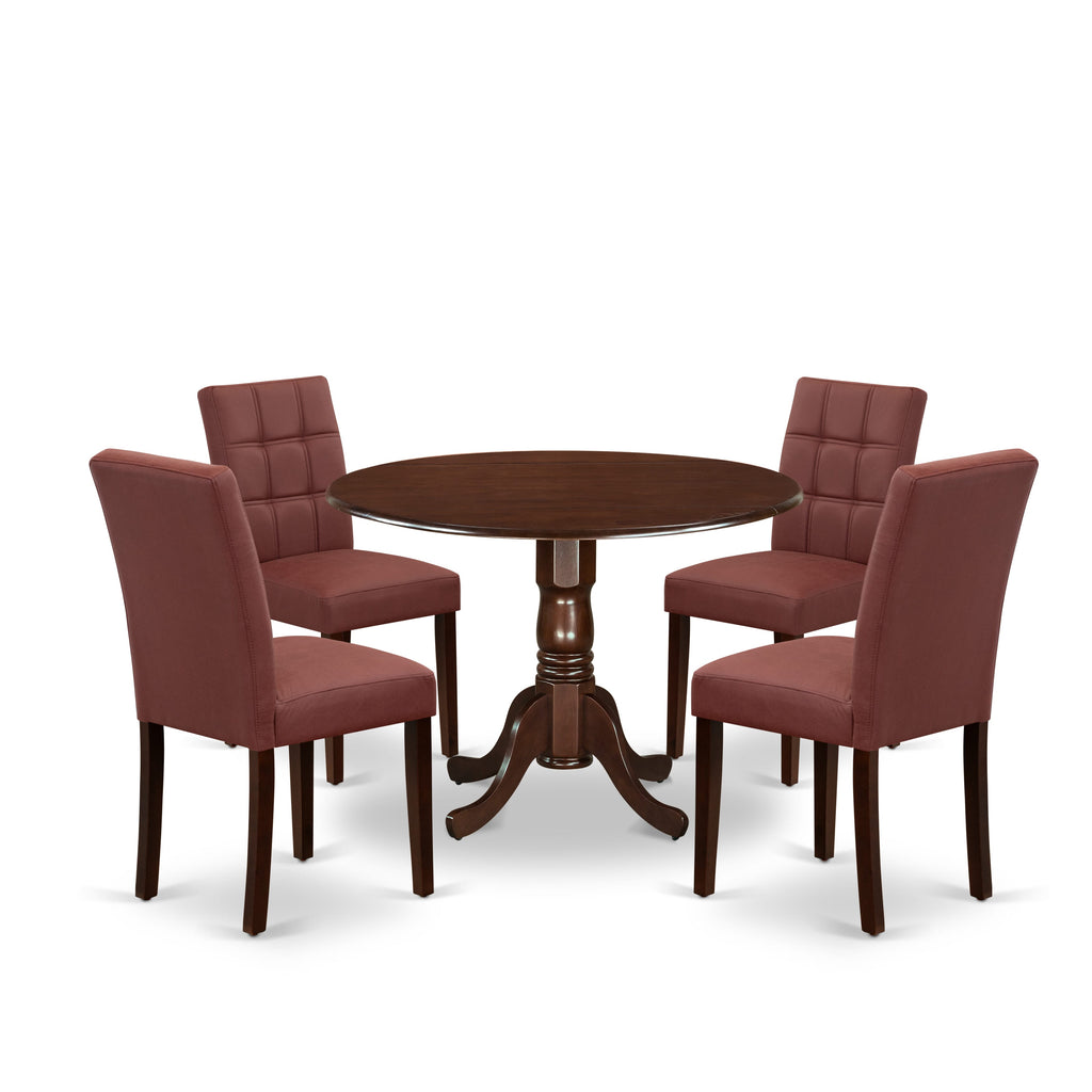 East West Furniture DLAS5-MAH-26 5 Piece Dinner Table Set consists A Dining Table and 4 Burgundy Faux Leather Upholstered Dining Chairs, Mahogany