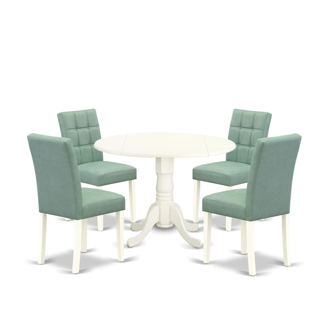 East West Furniture DLAS5-WHI-43 5 Piece Mid Century Dining Set consists A Mid Century Modern Dining Table and 4 Willow Green Faux Leather Modern Dining Chairs, Linen White