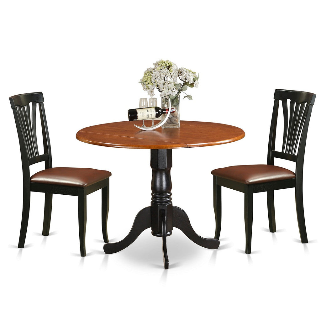 East West Furniture DLAV3-BCH-LC 3 Piece Modern Dining Table Set Contains a Round Wooden Table with Dropleaf and 2 Faux Leather Kitchen Dining Chairs, 42x42 Inch, Black & Cherry