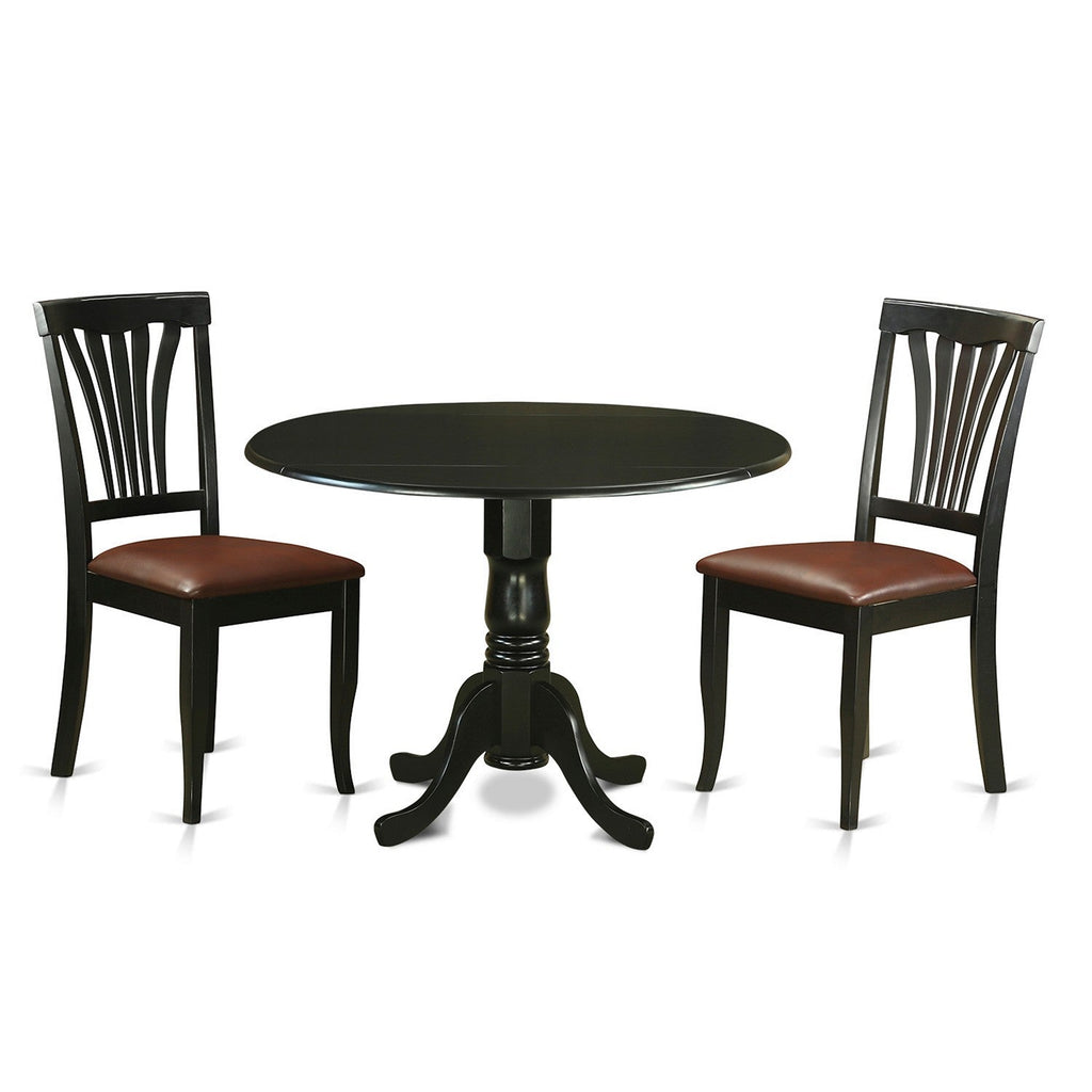 East West Furniture DLAV3-BLK-LC 3 Piece Dining Set Contains a Round Dining Room Table with Dropleaf and 2 Faux Leather Upholstered Kitchen Chairs, 42x42 Inch, Black