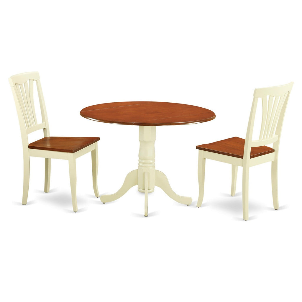 East West Furniture DLAV3-BMK-W 3 Piece Dining Table Set for Small Spaces Contains a Round Dining Room Table with Dropleaf and 2 Wooden Seat Chairs, 42x42 Inch, Buttermilk & Cherry