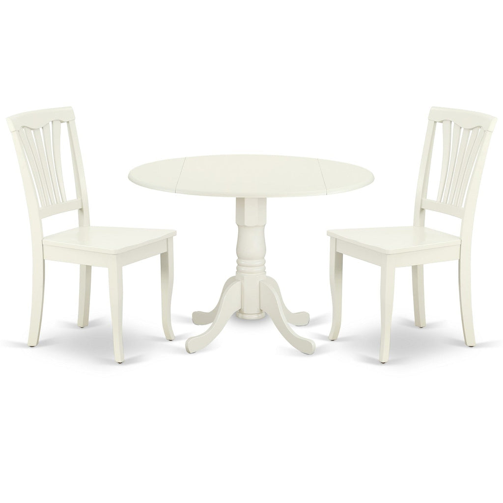 East West Furniture DLAV3-LWH-W 3 Piece Dining Table Set for Small Spaces Contains a Round Dining Room Table with Dropleaf and 2 Wood Seat Chairs, 42x42 Inch, Linen White