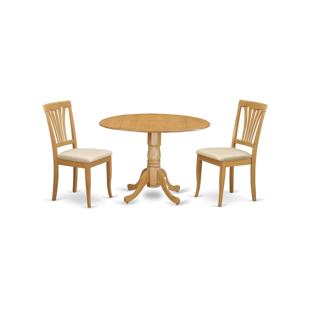 East West Furniture DLAV3-OAK-C 3 Piece Dining Set Contains a Round Dining Table with Dropleaf and 2 Linen Fabric Kitchen Room Chairs, 42x42 Inch, Oak