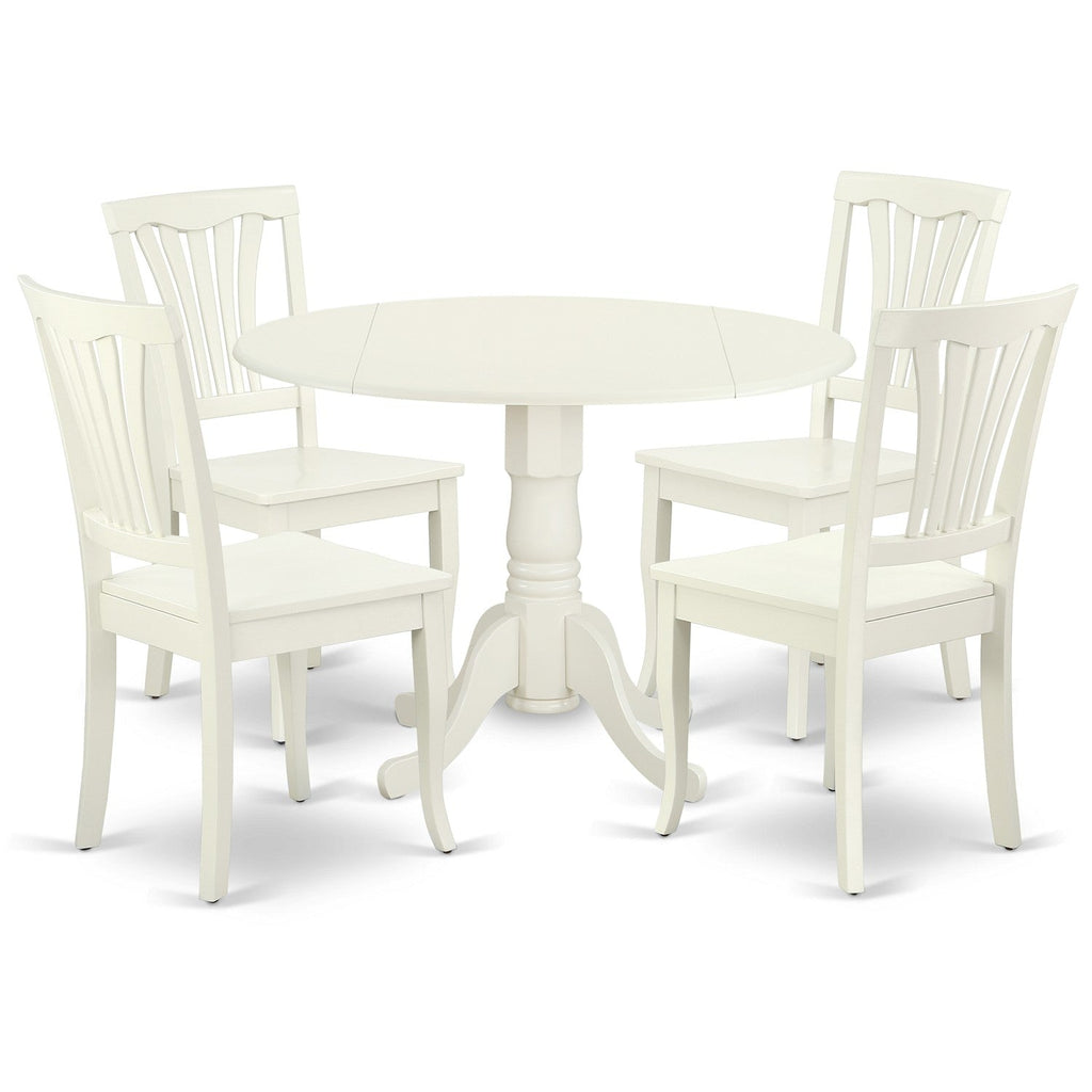 East West Furniture DLAV5-LWH-W 5 Piece Dining Set Includes a Round Dining Room Table with Dropleaf and 4 Wood Seat Chairs, 42x42 Inch, Linen White