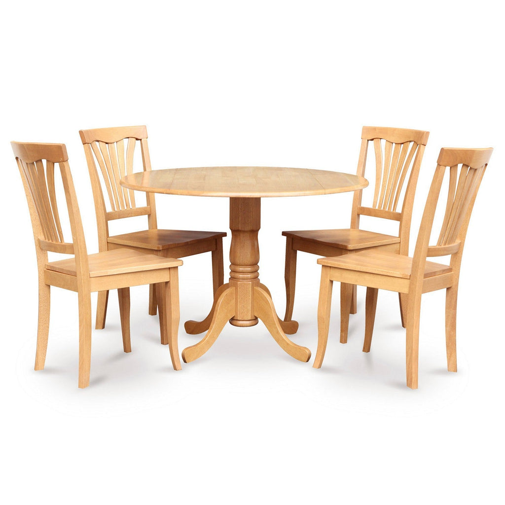 East West Furniture DLAV5-OAK-W 5 Piece Dining Room Furniture Set Includes a Round Kitchen Table with Dropleaf and 4 Dining Chairs, 42x42 Inch, Oak