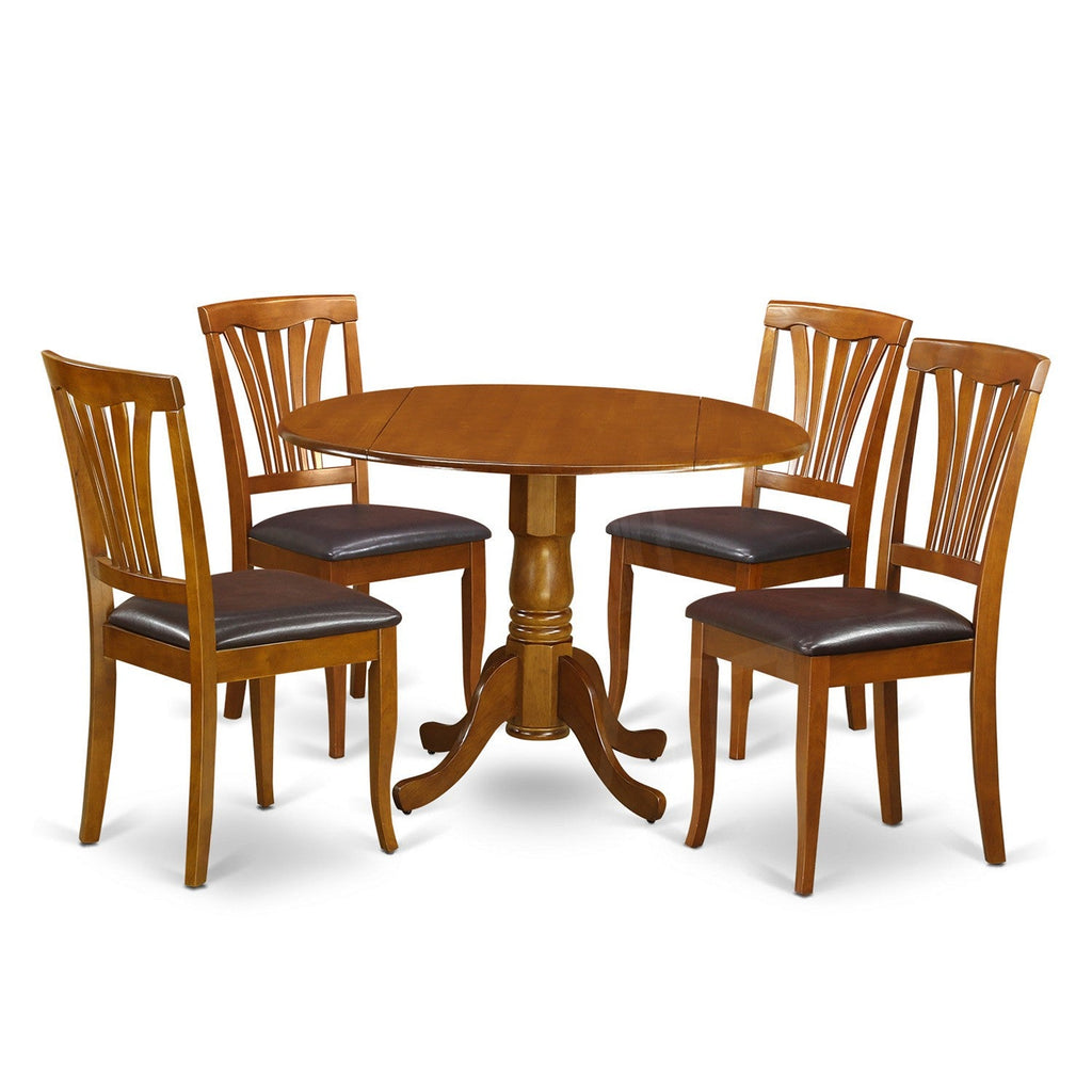 East West Furniture DLAV5-SBR-LC 5 Piece Dining Room Table Set Includes a Round Kitchen Table with Dropleaf and 4 Faux Leather Upholstered Dining Chairs, 42x42 Inch, Saddle Brown