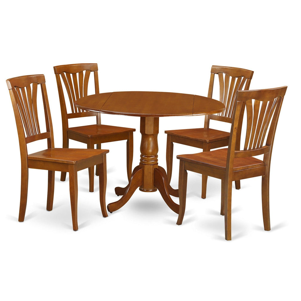East West Furniture DLAV5-SBR-W 5 Piece Kitchen Table & Chairs Set Includes a Round Dining Room Table with Dropleaf and 4 Dining Chairs, 42x42 Inch, Saddle Brown