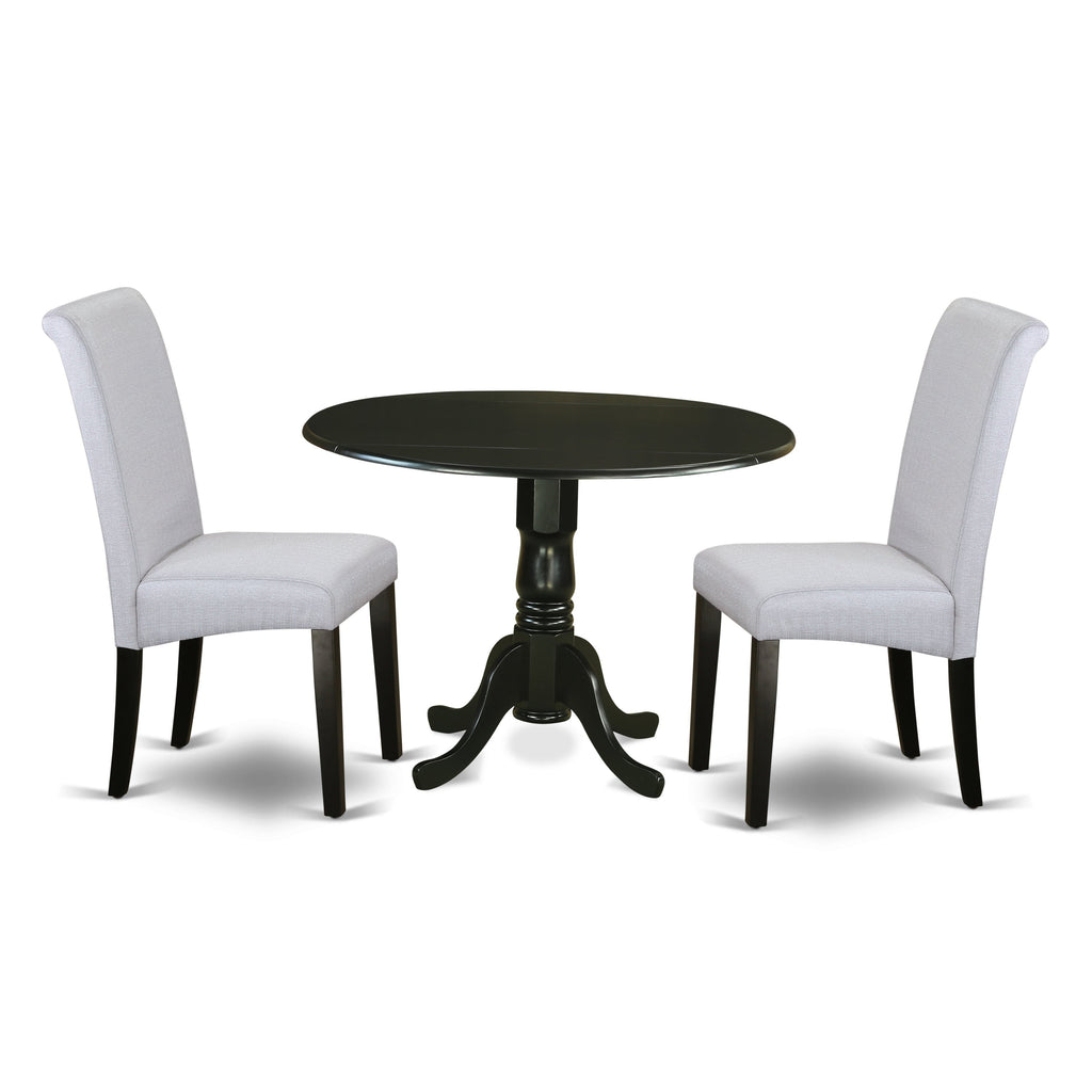 East West Furniture DLBA3-BLK-05 3 Piece Kitchen Table & Chairs Set Contains a Round Dining Room Table with Dropleaf and 2 Grey Linen Fabric Parsons Dining Chairs, 42x42 Inch, Black
