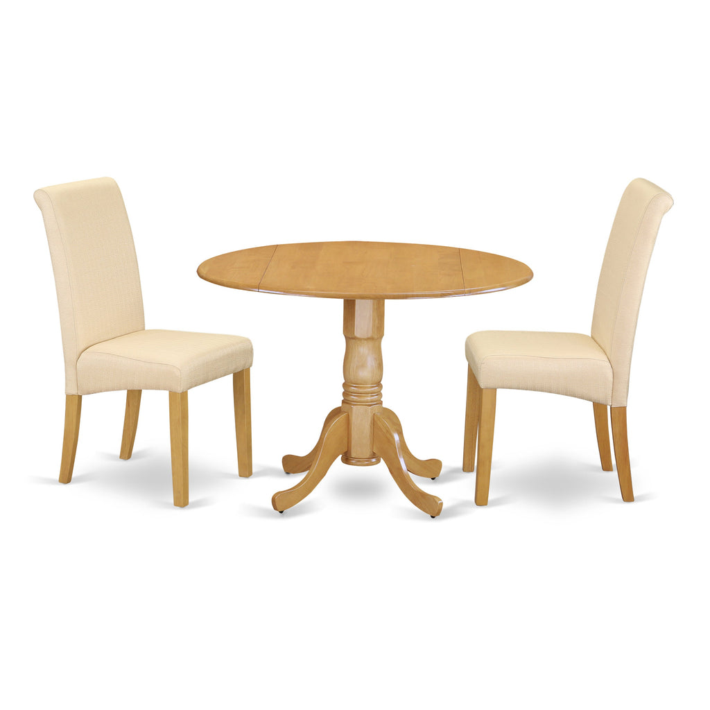 East West Furniture DLBA3-OAK-02 3 Piece Dining Room Table Set Contains a Round Dining Table with Dropleaf and 2 Light Beige Linen Fabric Upholstered Chairs, 42x42 Inch, Oak