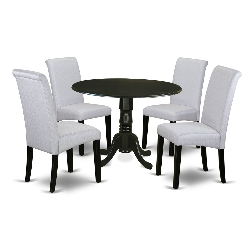 East West Furniture DLBA5-BLK-05 5 Piece Dining Set Includes a Round Dining Room Table with Dropleaf and 4 Grey Linen Fabric Upholstered Parson Chairs, 42x42 Inch, Black