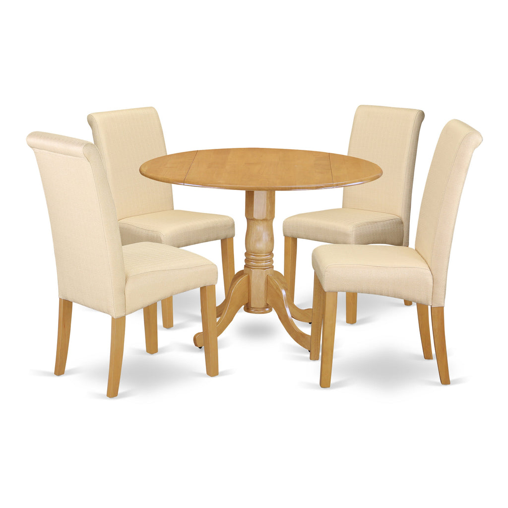 East West Furniture DLBA5-OAK-02 5 Piece Dining Set Includes a Round Dining Room Table with Dropleaf and 4 Light Beige Linen Fabric Upholstered Parson Chairs, 42x42 Inch, Oak