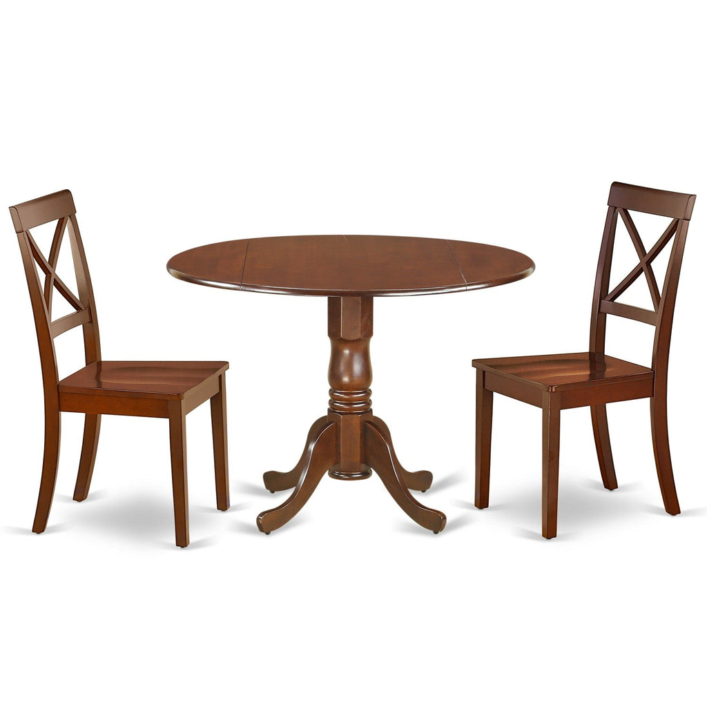 East West Furniture DLBO3-MAH-W 3 Piece Modern Dining Table Set Contains a Round Wooden Table with Dropleaf and 2 Dining Room Chairs, 42x42 Inch, Mahogany